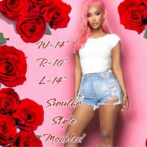 Fashion Nova Jean Shorts Blue Distressed Frayed Ripped Denim Size 11 Waist 30 - Picture 6 of 16